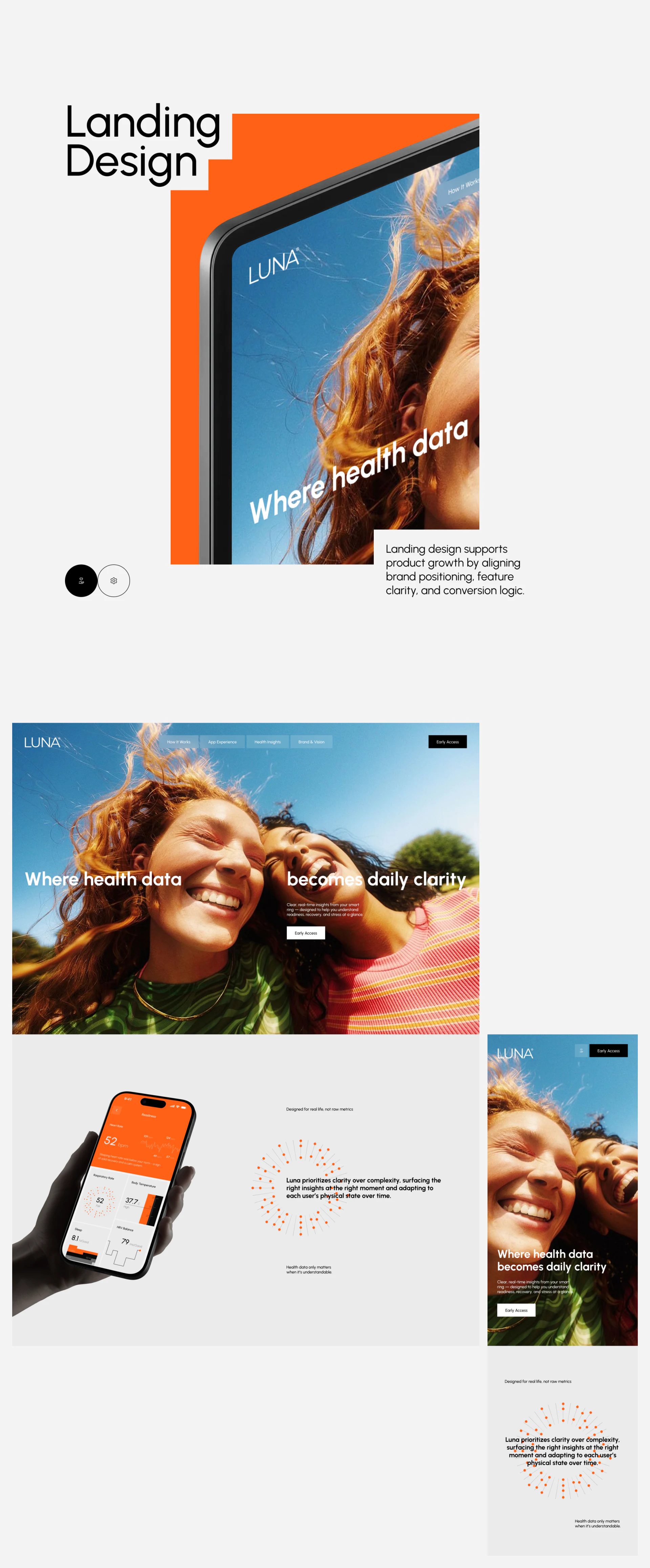 Luna long brand page with people, blue sky, and mobile health summaries