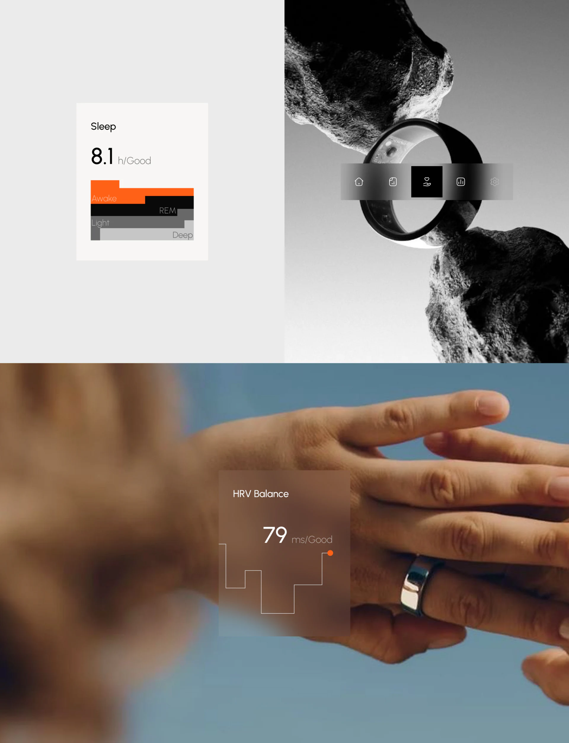 Luna sleep card, ring material presentation, and HRV over a photograph