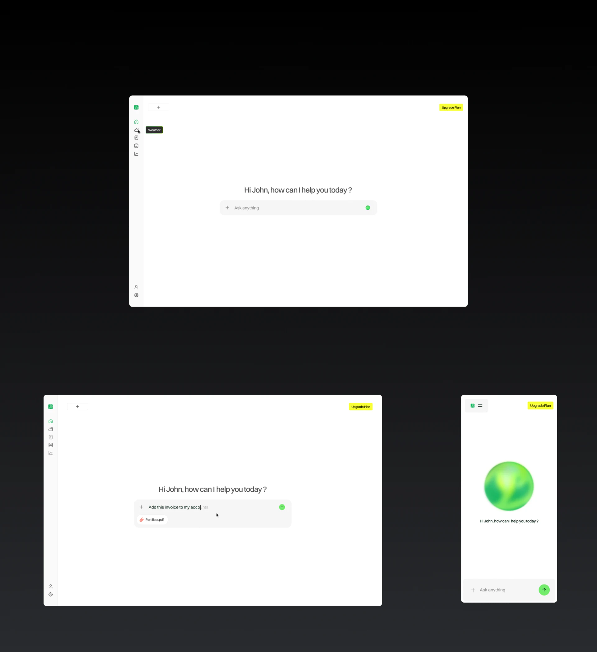 Desktop blank conversation, attached-file input, and mobile green sphere together