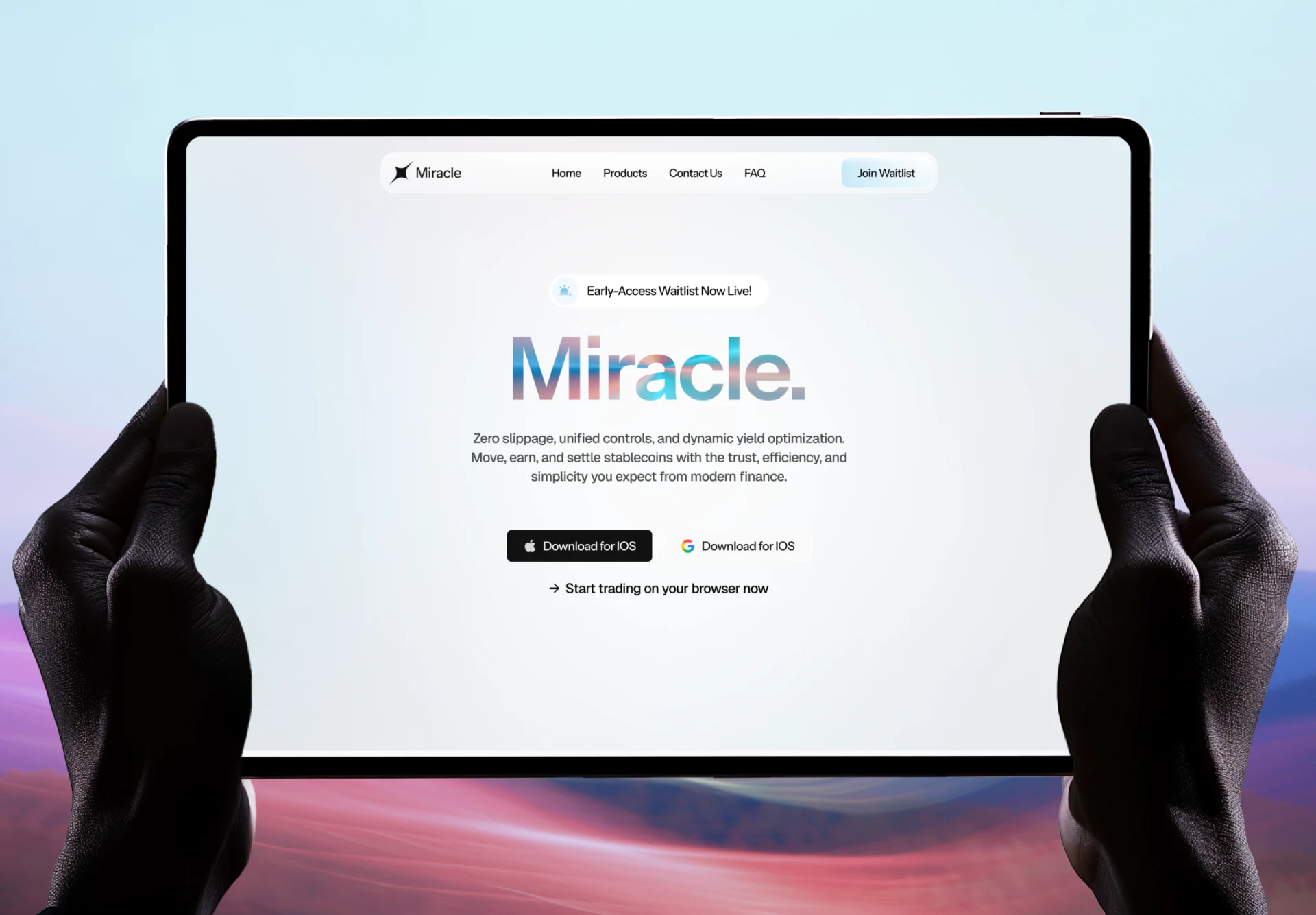 Pale blue hero with waitlist notice, gradient brand name, and multiple platform entries