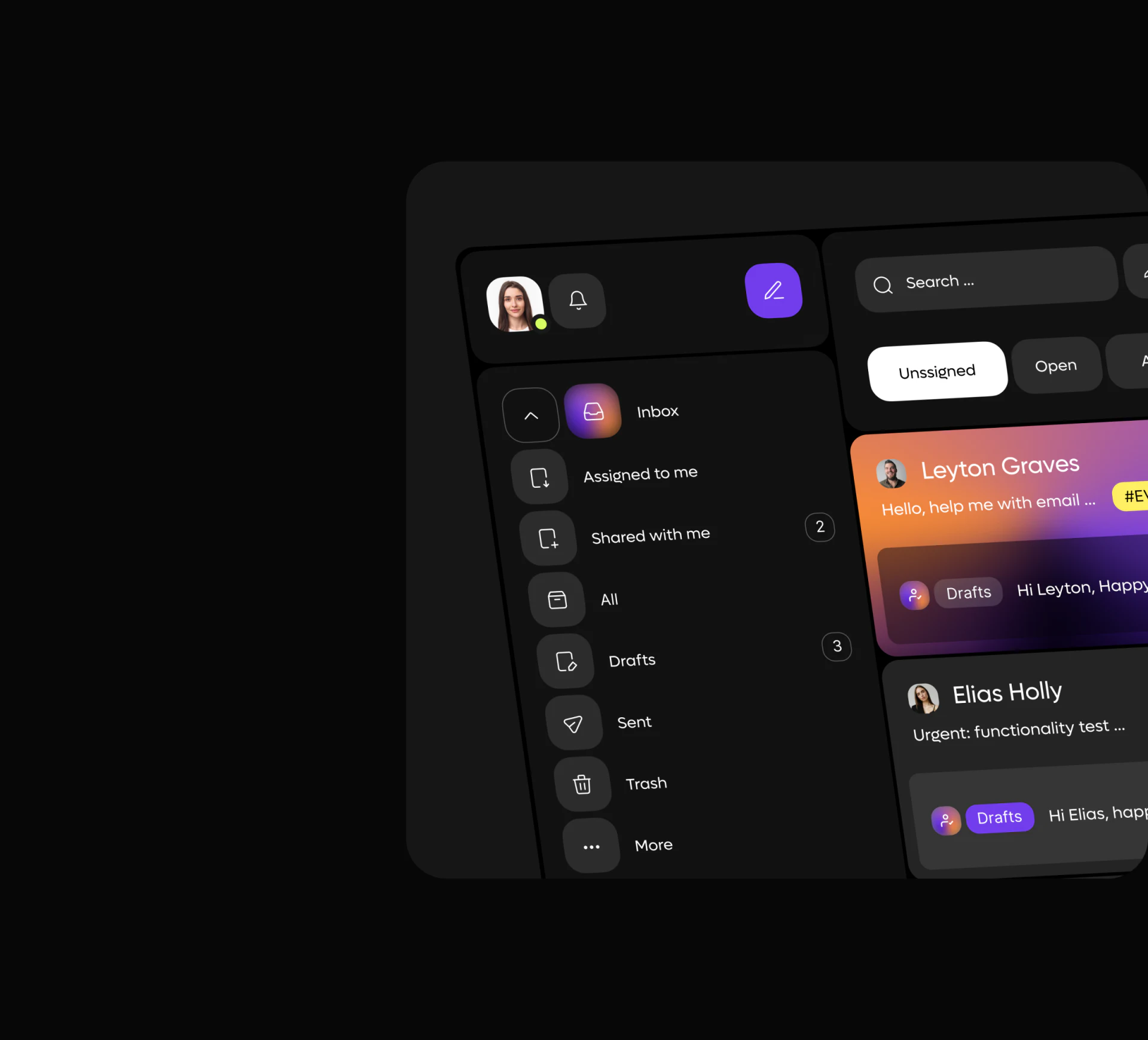 Dark inbox navigation for assignment, sharing and drafts beside status filters and an email with draft cue
