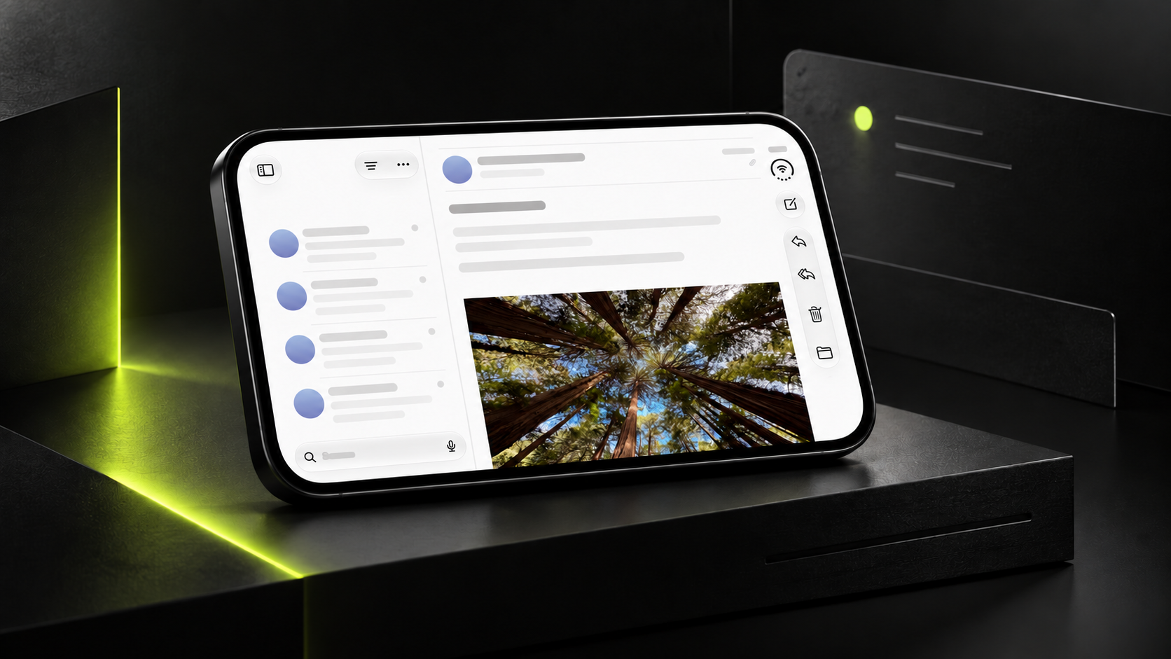 iPhone Duo adaptive interface editorial cover in graphite and fluorescent yellow-green
